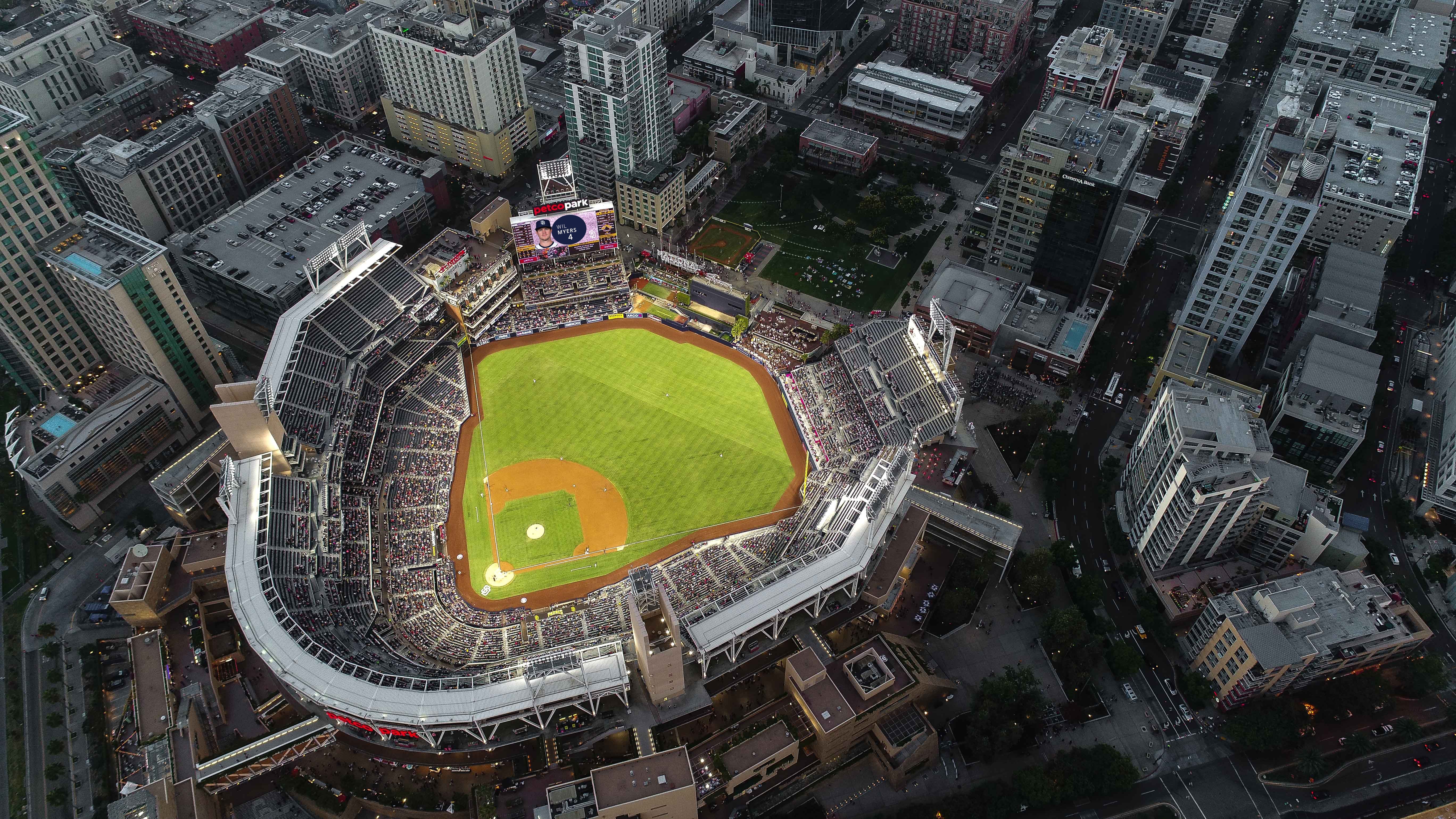 High angle view from behind home plate at night, AT&T Baseball