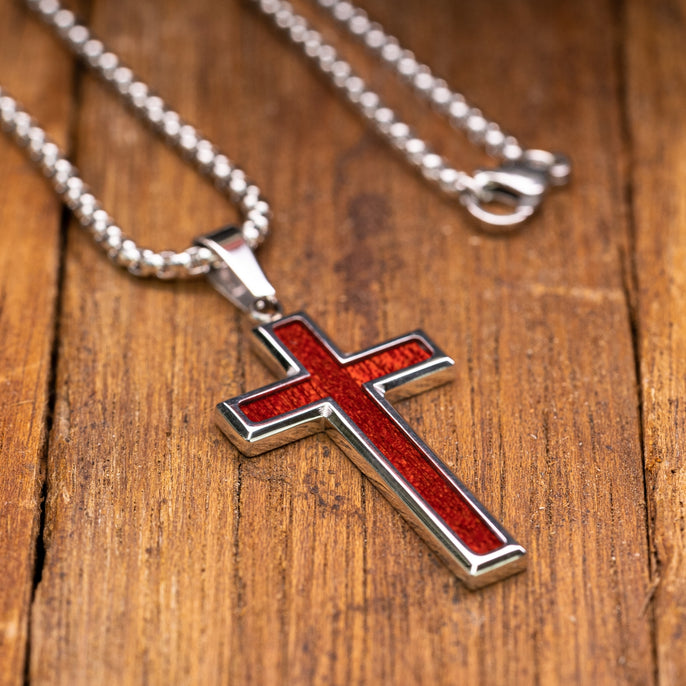 Necklaces : Wood Cross Necklace w/Red Border, 26 Inch String